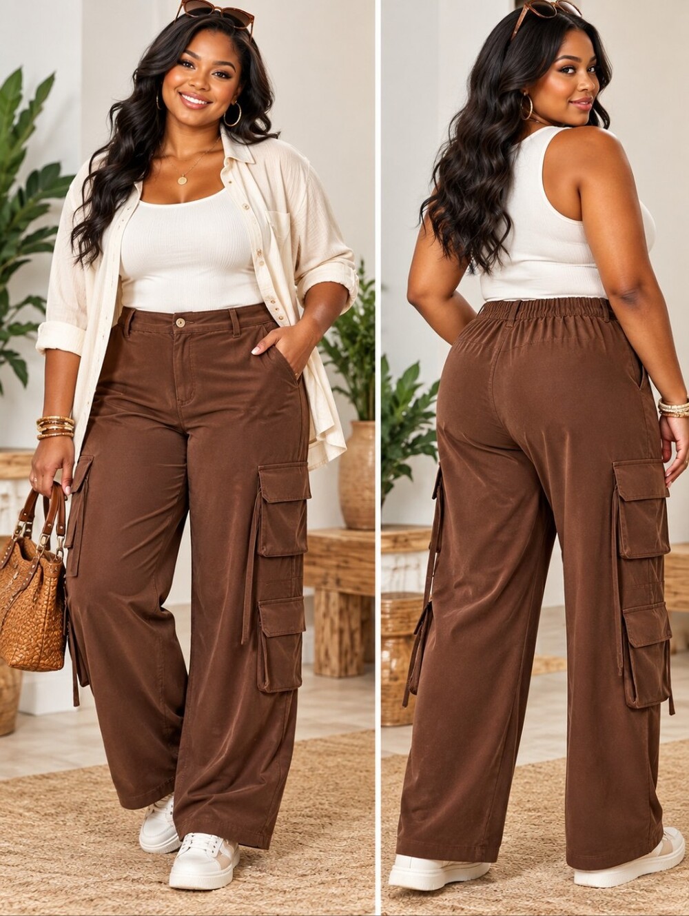 SHEIN Plus Size 2XL Brown Cargo Pants Wide Leg Multi Pocket Utility Streetwear